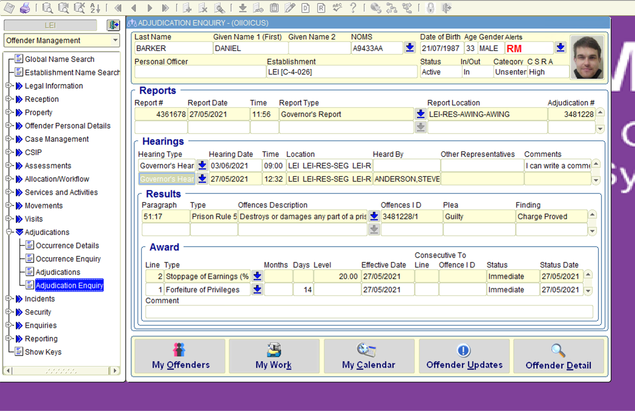 NOMIS Adjudication Enquiry screen — legacy interface used by prison staff