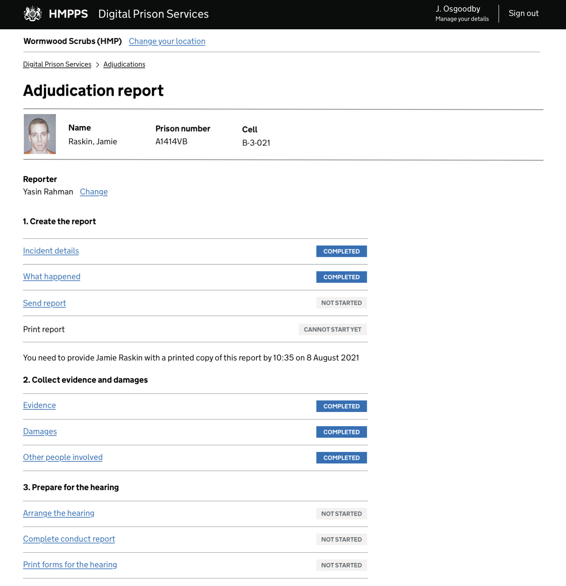 Digital Prison Services adjudication report — new HMPPS task list interface delivered out of Discovery