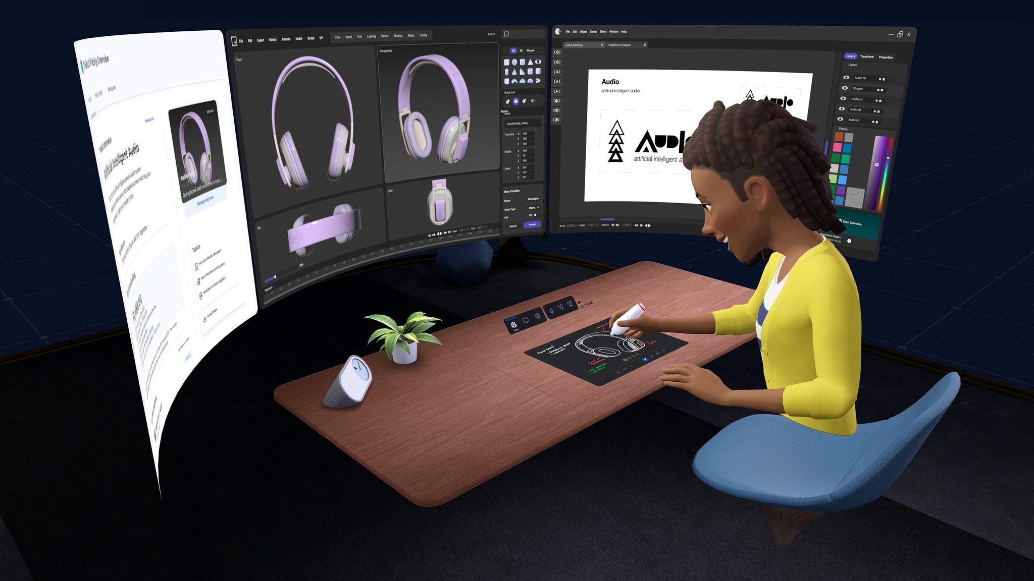 Avatar drawing on a virtual desk whiteboard in Oculus Workrooms