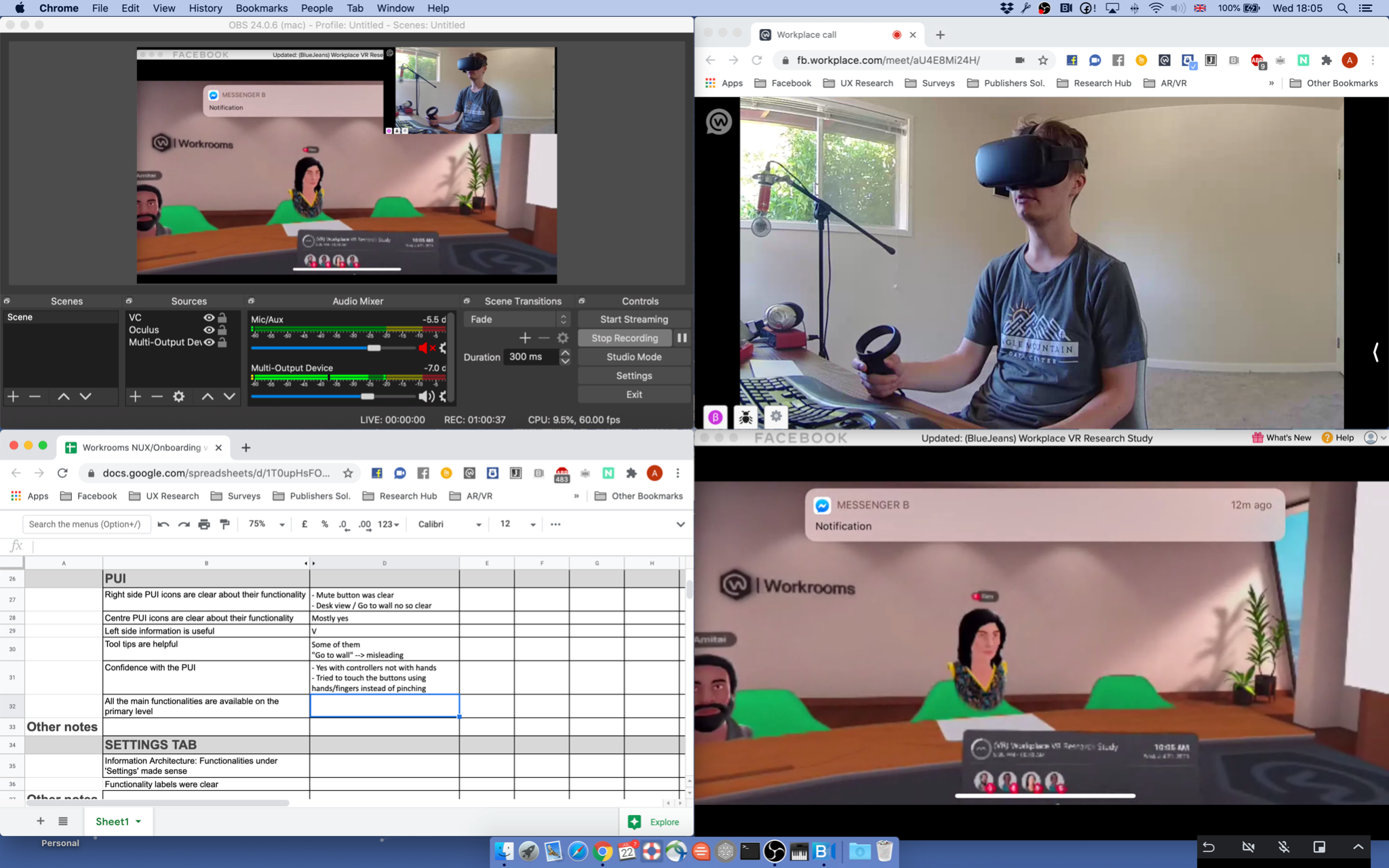 Remote moderation setup — OBS, Workrooms VR feed, participant camera and notes spreadsheet arranged in four quadrants