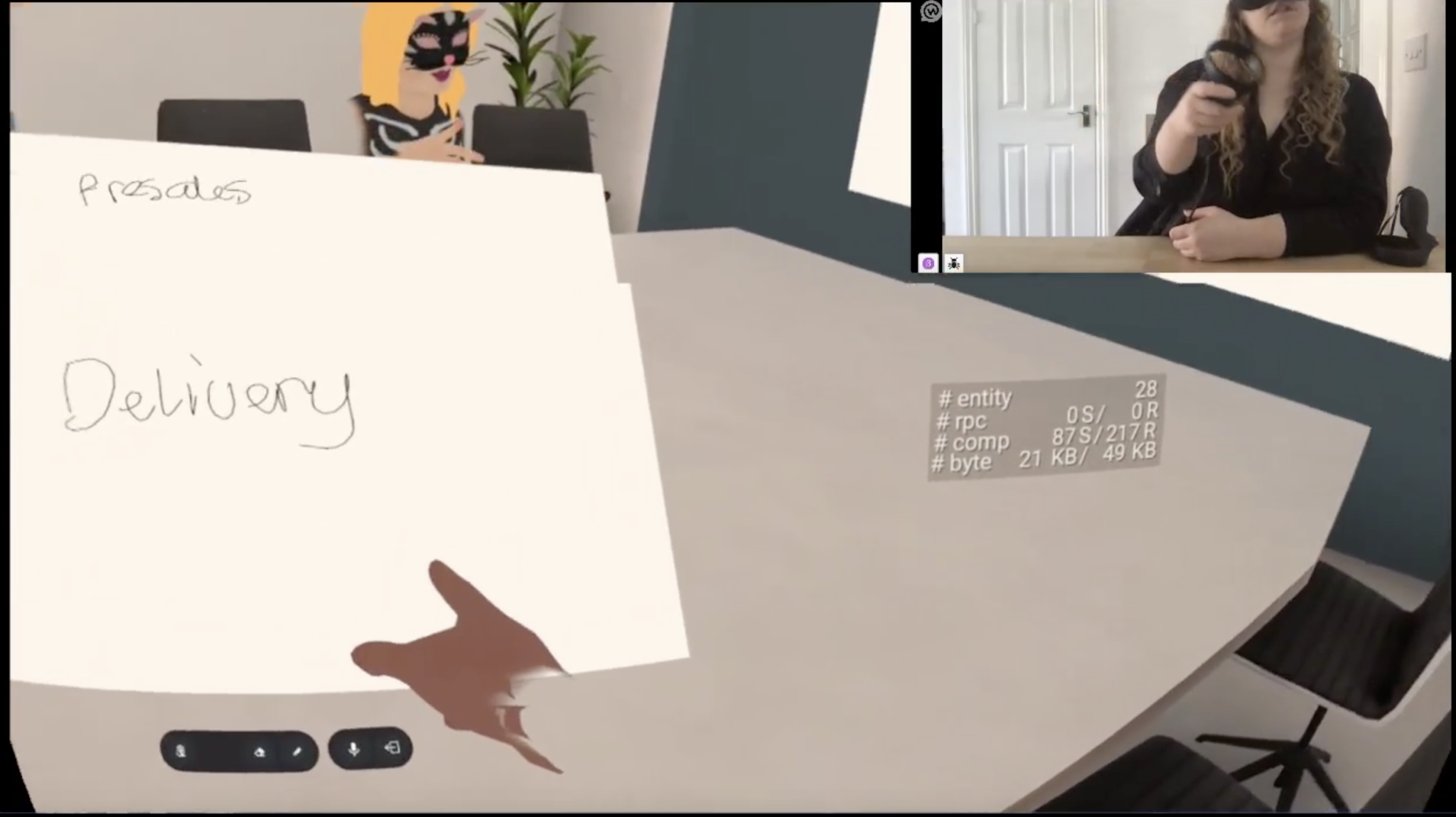 VR whiteboard with the word 'Delivery' written on it, participant visible on camera