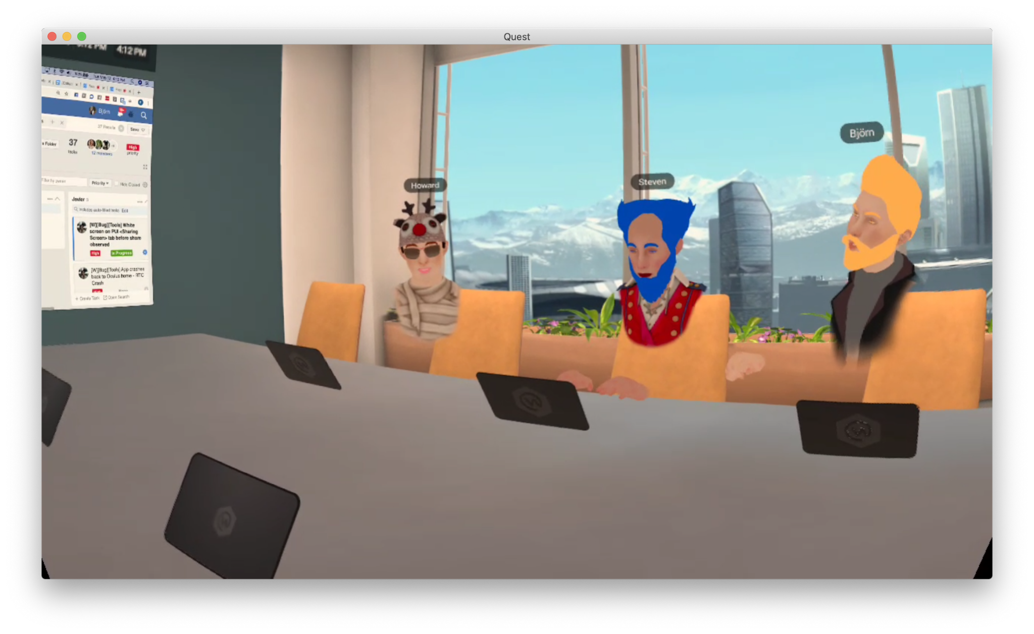 Oculus Workrooms screenshot — avatars seated around a virtual meeting table